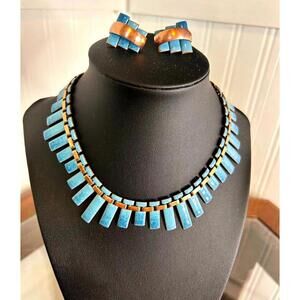 Vintage Matisse Renoir Peter Pan Blue Enamel Copper Necklace & Earrings Set